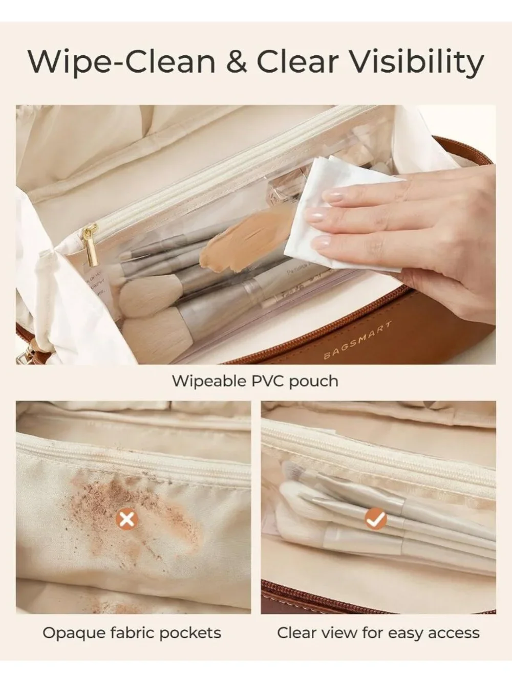 Travel Makeup Bag Set - 3 Pcs Cosmetic & Toiletry Organizer, Classic Brown